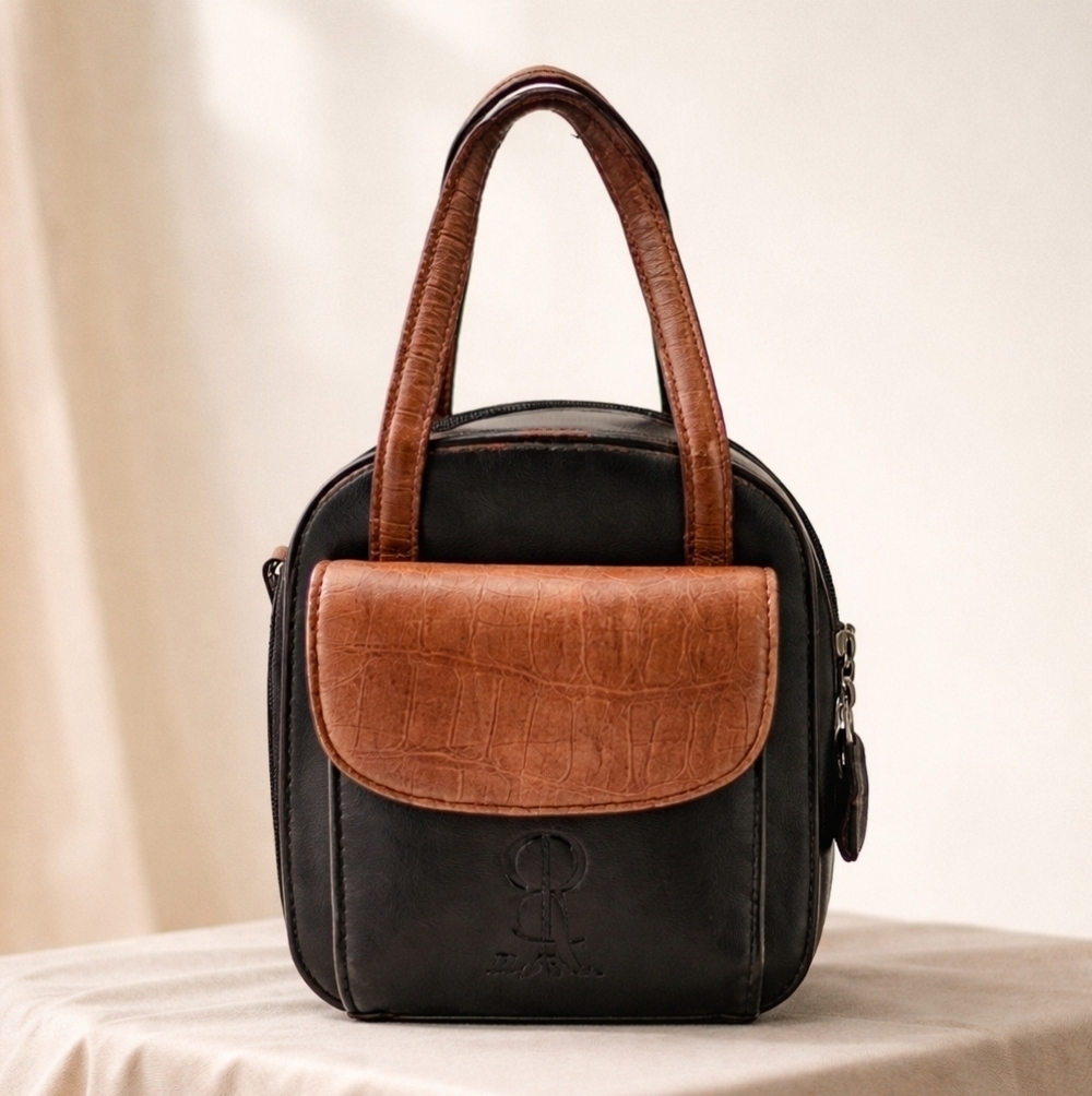 VTG Bellerose Leather Purse Two Tone - Black/Brown Compact W/ Pockets Compartmet
